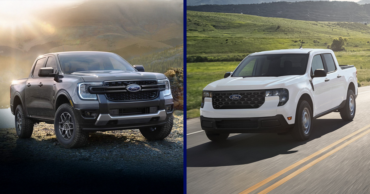 Two images comparing the Ford Maverick and the Ford Ranger, both vehicles are driving on an open road in their separate photos.