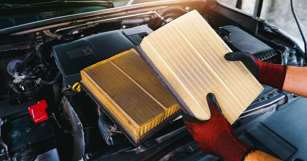 A service technician holding a new cabin air filter before installing it in a new vehicle.